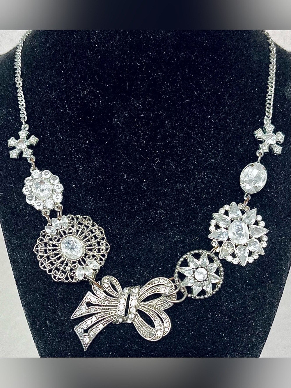 Vintage Silver Tone Crystal Statement Necklace